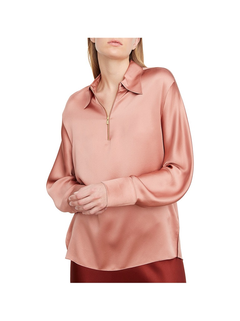 Vince. Designer 100% Silk Rose Blouse With Gold Zip Size Medium Nwt